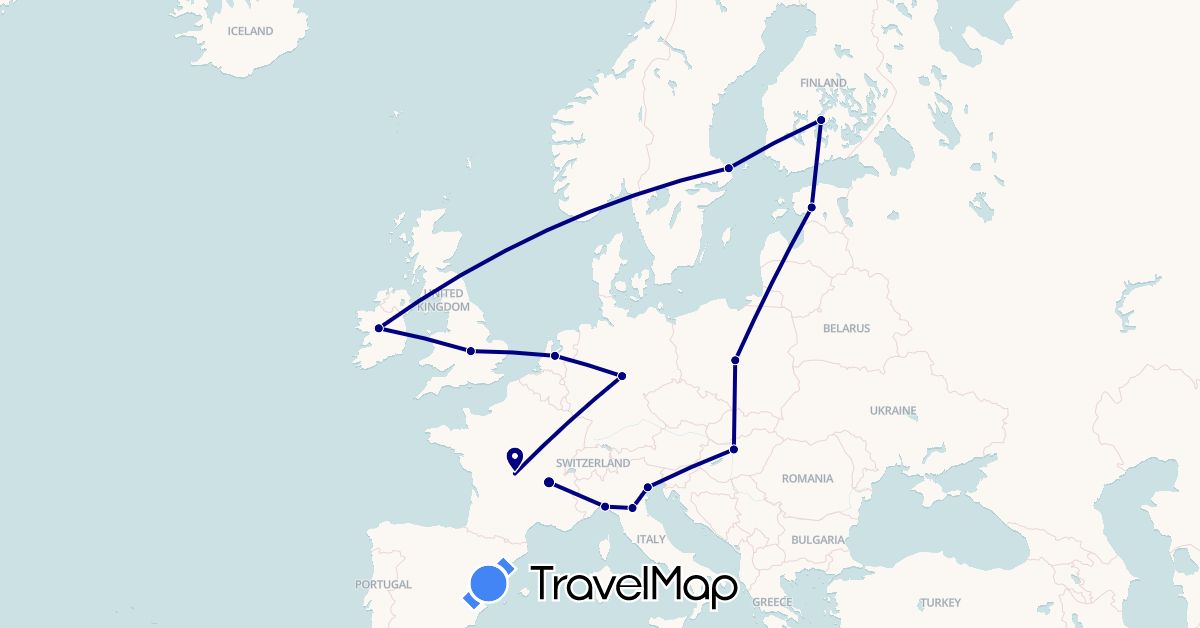 TravelMap itinerary: driving in Germany, Estonia, Finland, France, United Kingdom, Hungary, Ireland, Italy, Netherlands, Poland, Sweden (Europe)